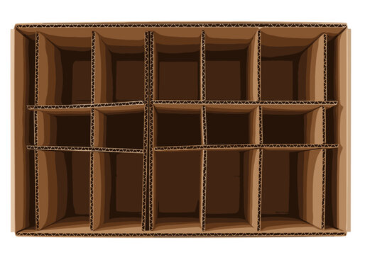 A brown corrugated cardboard box with dividers showcases an organized interior. Ideal for product packaging and shipping displays. Clean, modern, and commercially viable.