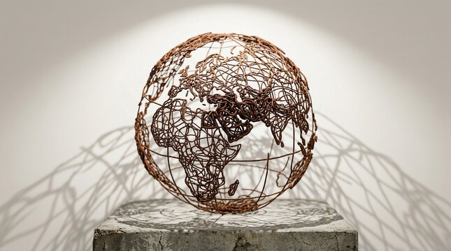 A wire globe sculpture depicting the continents of Africa, Europe, and Asia on a concrete pedestal