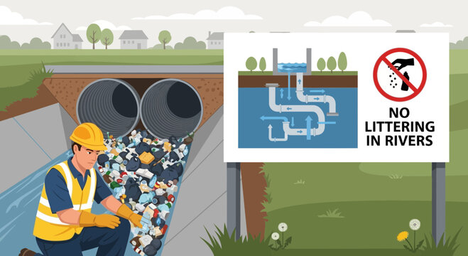 Man cleaning pollution from storm drain.