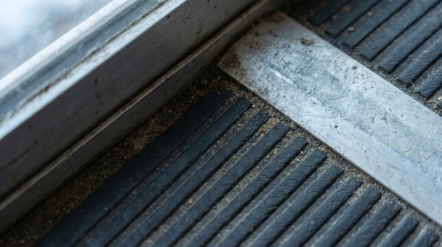 Close-up shot of a dirty industrial door threshold with anti-slip rubber mats and scratched metal plate