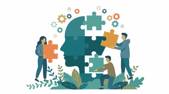 People collaboratively building a human head puzzle for mental well-being