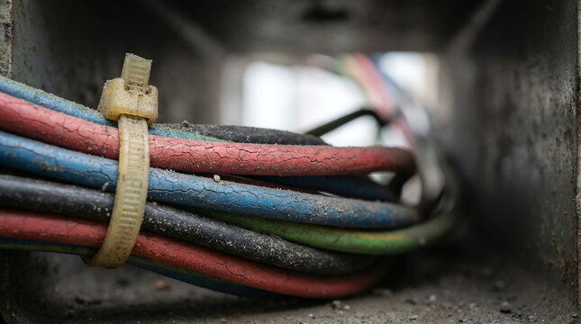 Close-up of old weathered electrical wires with cracked insulation bundled by a plastic cable tie in an industrial setting
