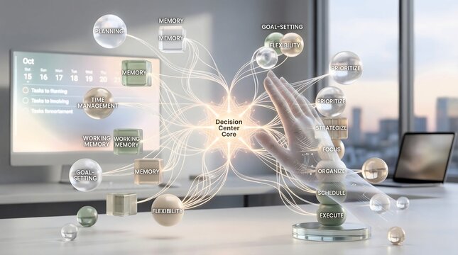3D visualization of executive functions connected to a central decision core in a digital office