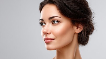 Naklejka premium Beautiful woman with natural makeup and elegant hairstyle, showcasing healthy skin and soft features on a neutral background for beauty and fashion concepts