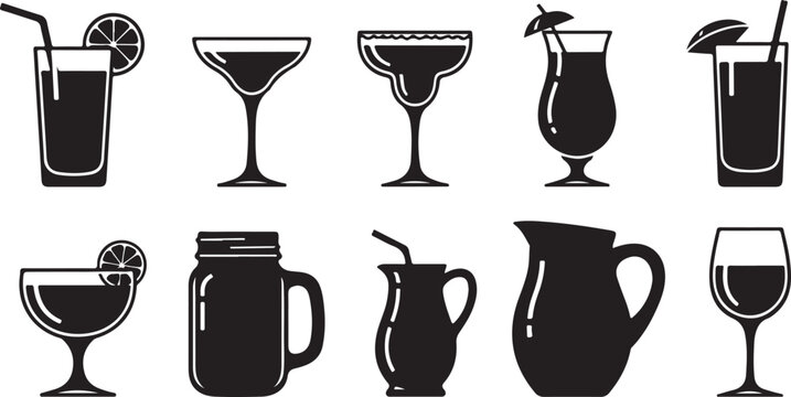 Various types of wine glasses and jugs illustrated against a white background Vector