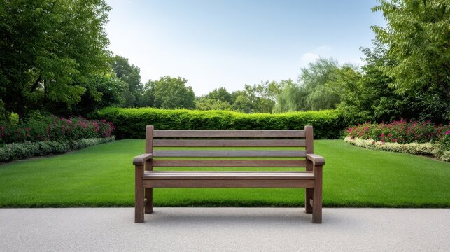 Serene Park Bench Surrounded by Lush Greenery and Colorful Flower Beds in a Tranquil Outdoor Setting for Relaxation and Reflection