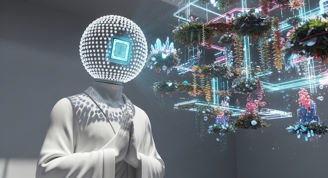 Robot monk head with digital floral display