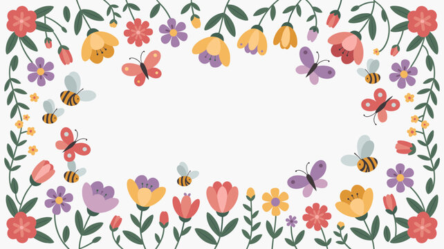 Spring Flower Border Vector Colorful Garden Frame with Butterfly and Bee