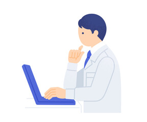 Obraz na płótnie Canvas デスクでパソコン業務を行う男性作業員の横顔 上半身の人物ベクターイラスト素材