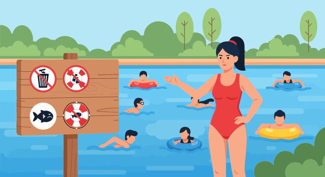 Woman in red swimsuit at pool.