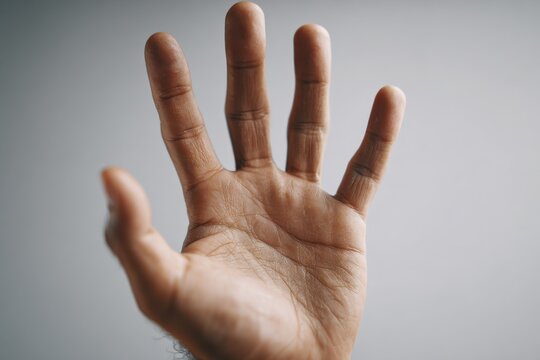 Close-up of a male hand displaying four fingers against a neutral background