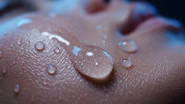 Close-up of a person's skin with water droplets on it, glistening in soft focus.
