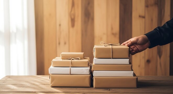 Person stacking cardboard boxes on table.