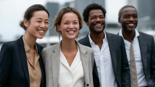 Diverse business team of different races and genders standing together with urban high-rise buildings in the background, symbolizing teamwork, leadership, and modern corporate success.