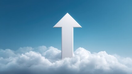 Fototapeta premium White Arrow Rising Above Soft White Clouds in a Bright Blue Sky Symbolizing Growth, Hope, and New Opportunities for Future Endeavors and Achievements