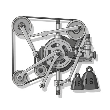 Vintage Mechanical Engine with Pulleys, Belts, and Counterweights