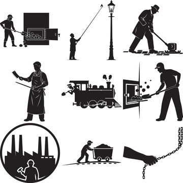 Vintage Industrial Worker and Historical Professions Silhouette Icon Set Featuring Coal Miners, Butcher, Lamplighter, and Factory Laborers in Minimalist Black and White Vector Style