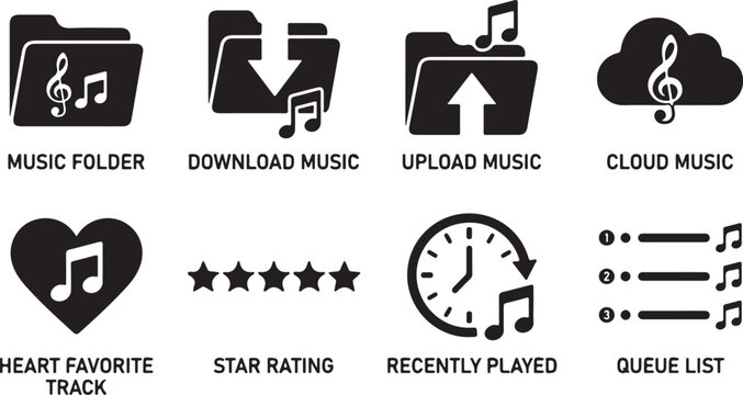 Music icons, audio symbols, sound file graphics, black vector set