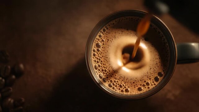 Close-up of rich espresso coffee pouring from a machine, showcasing golden crema and the artistry of barista brewing in a warm caf&eacute; atmosphere.