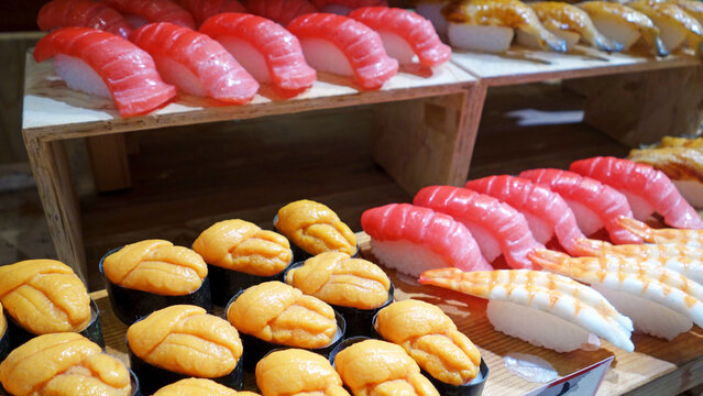 鮮やかな色彩、おいしそうに並ぶ寿司ネタの食品サンプル