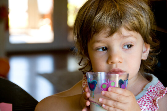 Toddler drinking milk at table