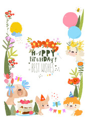 Fototapeta premium Floral Frame with Cute Funny Dogs celebrating Birthday