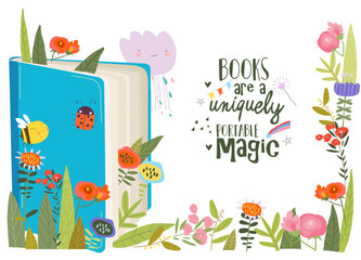 Naklejka premium Cartoon Illustration of Open Book With Color Flowers
