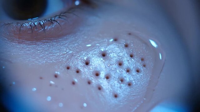 Close-up of a human eye with a laser treatment or retinal scan procedure