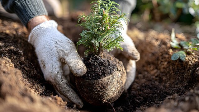 Close‑up of a person in white gardening gloves lowering a conifer root ball into soil