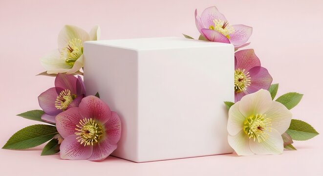 White square box surrounded by pink and white flowers on a soft pink background, ideal for product display or branding mockup