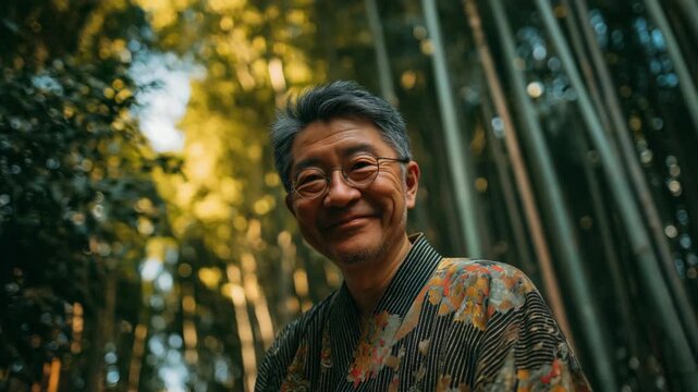 Asin man gazing upward in a serene bamboo forest, capturing a calm and peaceful ethereal landscape that reflects harmony with nature and mindful contemplation.