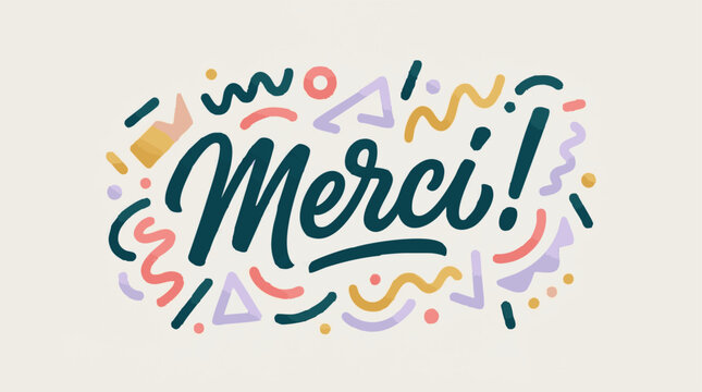 Merci! Thank You Lettering with Colorful Abstract Shapes and Modern Design