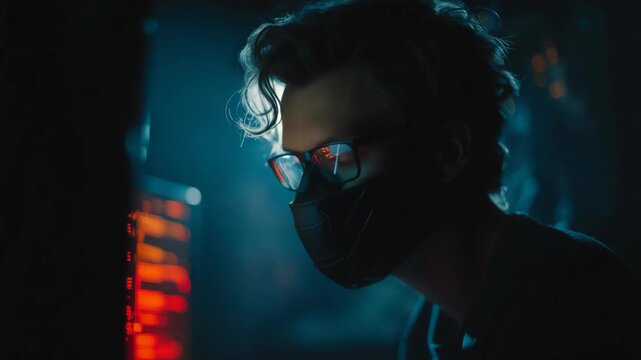 Suspicious man wearing a face mask coding on a computer in a dimly lit room, representing cybersecurity threats, hacking, and anonymous digital activity in a dramatic atmosphere.
