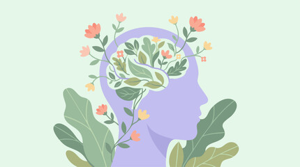 Healthy mind concept with brain made of lush green leaves and colorful flowers © TRSTOCK
