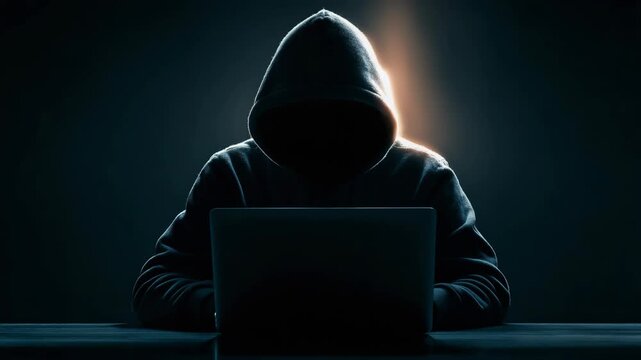 Suspicious man in a hoodie using a laptop in a dark environment, creating a hacker mood that symbolizes cybersecurity threats, cybercrime, and anonymous digital activity.