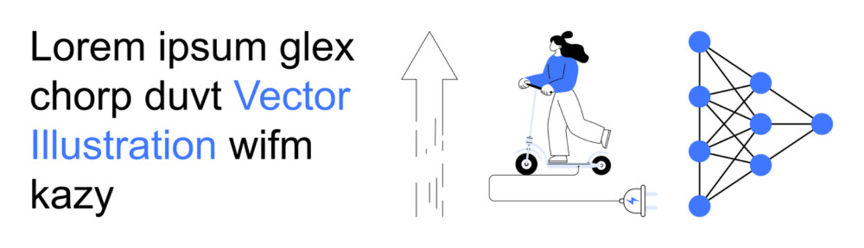 Renewable energy, artificial intelligence, data networks, eco-friendly tech, modern commuting, future development. Person riding an electric scooter with a neural network diagram. Renewable energy