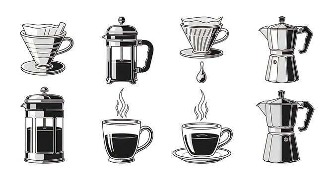 Diverse vector illustrations showcasing various coffee brewing methods such as pour-over drippers, French presses, and Moka pots, complemented by elegant steaming coffee cups