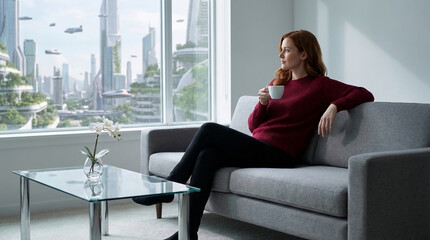 Obraz premium Woman with red hair seated on a gray couch, holding white cup. A futuristic cityscape is visible outside the window, representing advanced technology
