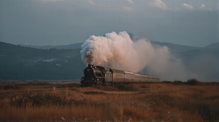 Fototapeta premium Vintage steam locomotive pulling passenger train through golden grassy fields with distant mountains. Nostalgic rail journey in rural countryside. Classic transportation and adventure concept.