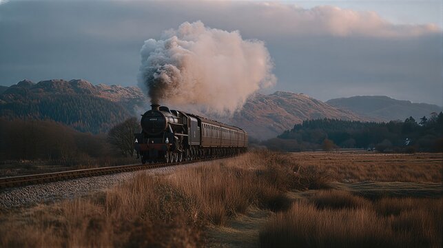 Steam locomotive traveling through autumn mountains. Vintage train on rural railway with steam clouds and forested hills. Scenic heritage rail journey in fall countryside.