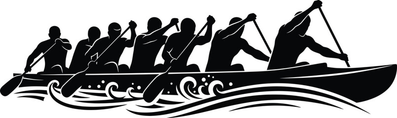 Black silhouette of rowers in a boat on water rowing silhouettes waves © Jui