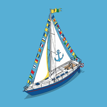 Colorful sailboat with nautical flags sailing.