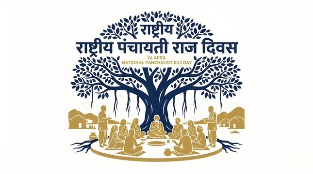 National Panchayati Raj Day Illustration with Village Assembly Under Banyan Tree, 24 April India Rural Governance Concept Banner