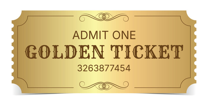 Vintage golden ticket vector template. Luxury invitation or voucher design isolated on white background.