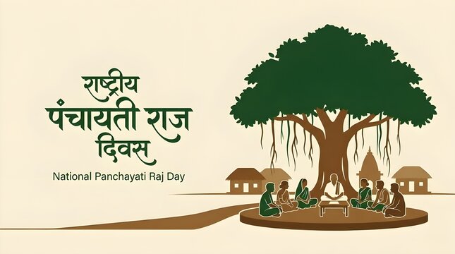 National Panchayati Raj Day Illustration with Village Assembly Under Banyan Tree, Rural Governance and Community Meeting in India Banner