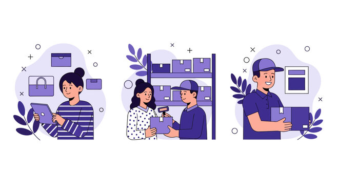 Shop buy order pack ship send box mail fast web app icon set flat art