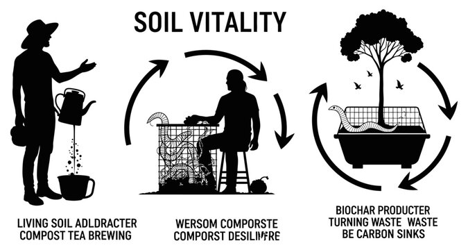 Farmer brewing compost tea near living soil and biochar production silhouette