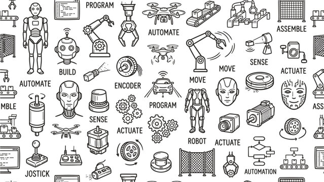 Robotics and automation technology doodle icon pattern for AI engineering, manufacturing industry, and smart machine design education