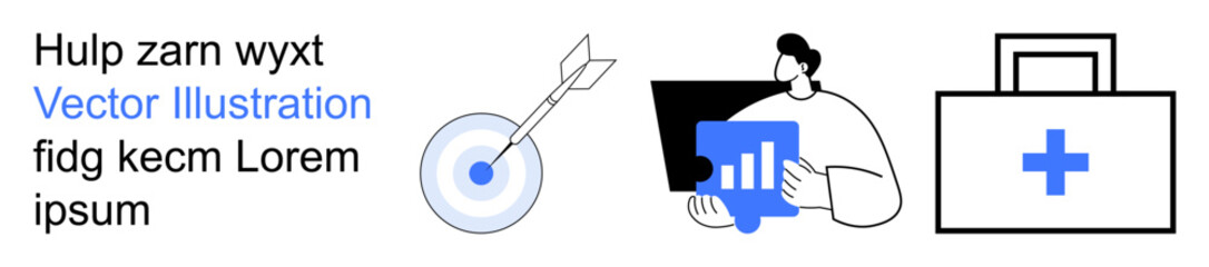Fototapeta na wymiar Business planning, health, analytics, target achievement, professional growth, data strategy. Man analyzing data, target icon medical kit. Analytics and target achievement idea