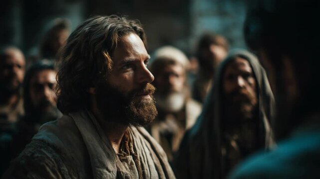 Jesus Christ surrounded by people in an ancient Israel city, depicting a biblical scene of teaching and compassion, symbolizing faith, community, and spiritual guidance.